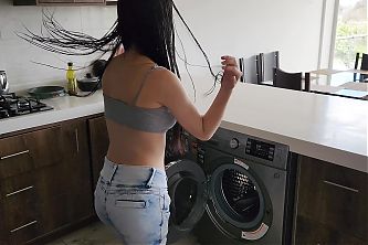 His stepsister needs help with the washing machine, he helps her undress and fucks her Tight jeans